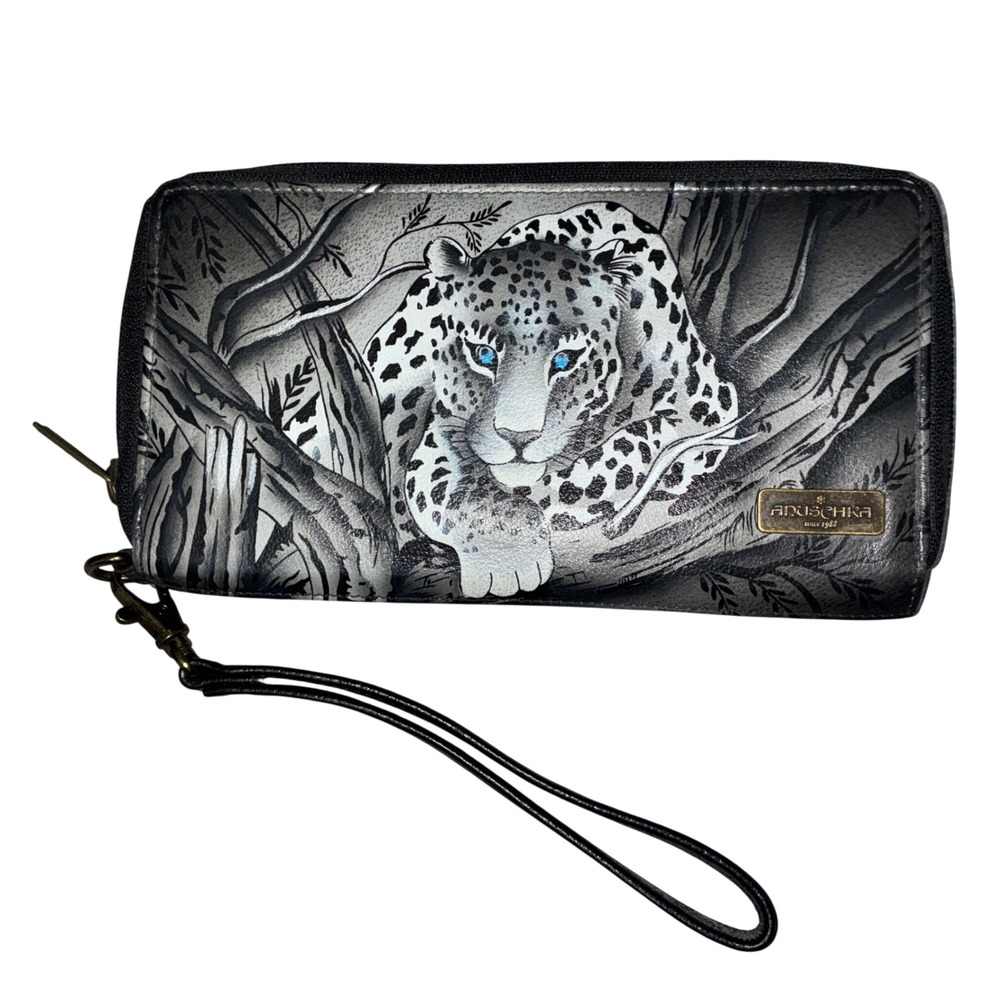 Anuschka Hand Painted Leather‎ RFID Zip Wallet Cleopatra's Leopard